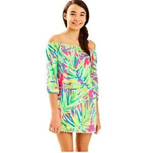 LILLY PULITZER Enna Off Shoulder Girl Mini Dress in Tiki Pink Royal Lime Size XL